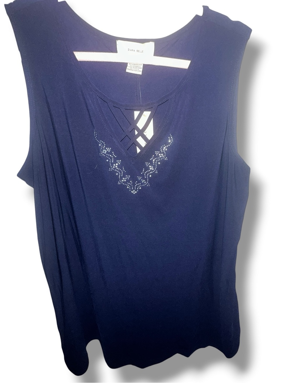 Diana Belle XL  Sleeveless Navy Blue Embellished Crisscross Tank Top Stretch NWT - Picture 2 of 5
